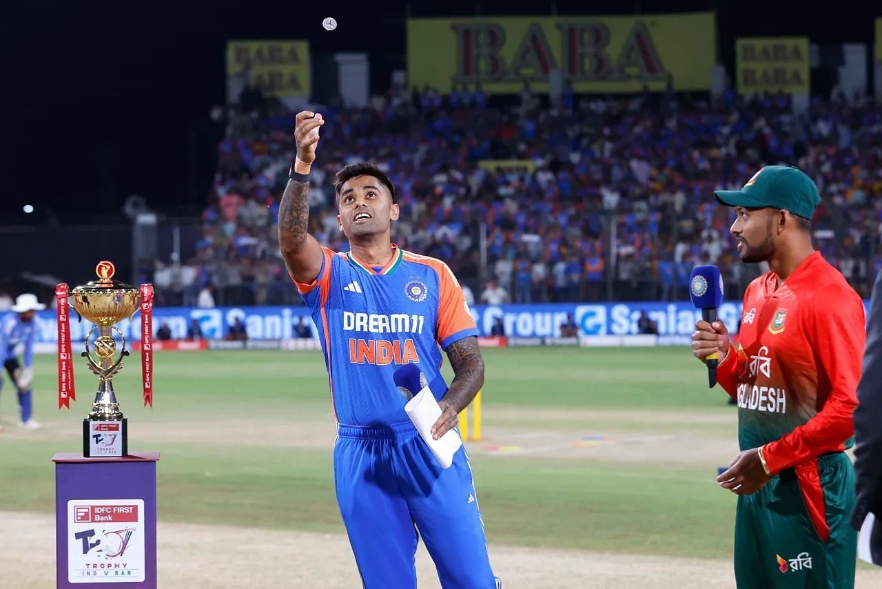 Suryakumar Yadav (left) opted to field first in the first T20I against Bangladesh. [P/C: BCCI]
