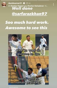 David Warner lauds Sarfaraz Khan for scoring maiden Test century (Image via Instagram-@davidwarner31)