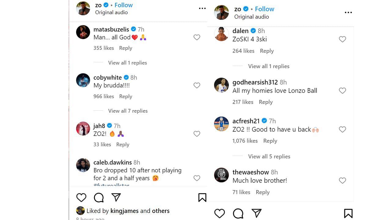 NBA players also reacted to Ball&#039;s IG post. [photo: @zo/IG]