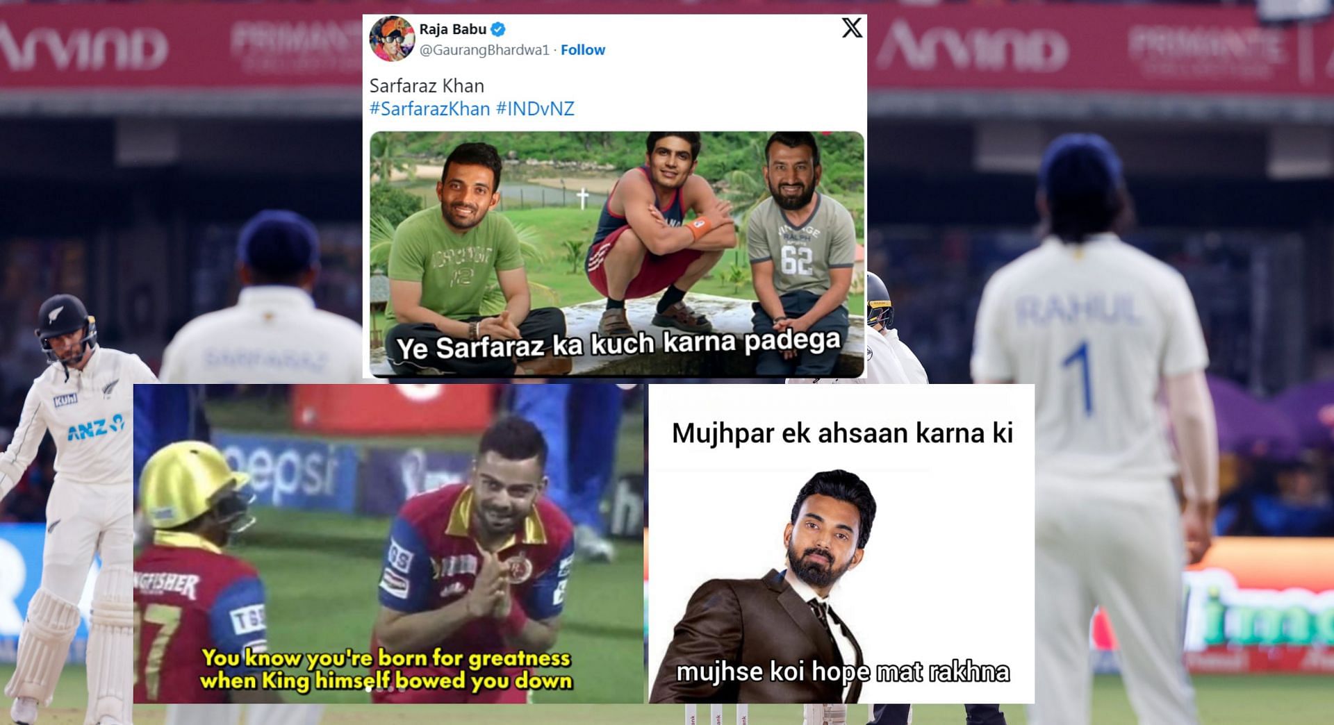 Fans react after Day 4 of IND vs NZ 1st Test. (Image: X - @BCCI, @GaurangBhardwa1, @memes_hallabol, Instagram - srcsmic_enginer2.0)