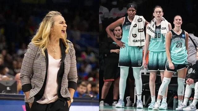 Las Vegas coach Becky Hammon, New York Liberty players Jonquel Jones and Breanna Stewart and Sabrina Ionescu. Photo Credits: Imagn