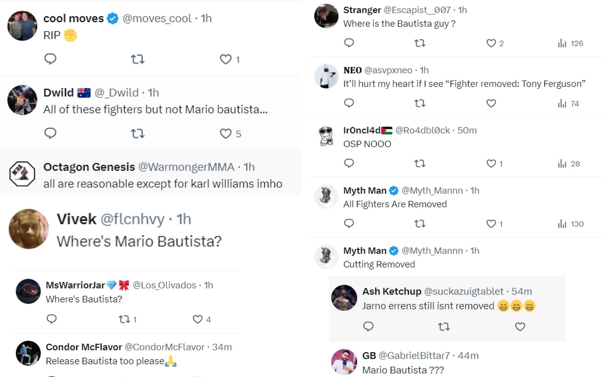 Fans react to several fighters being cut from the UFC roster. [Images courtesy: @DovySimuMMA and @DovySimuMMA on X]