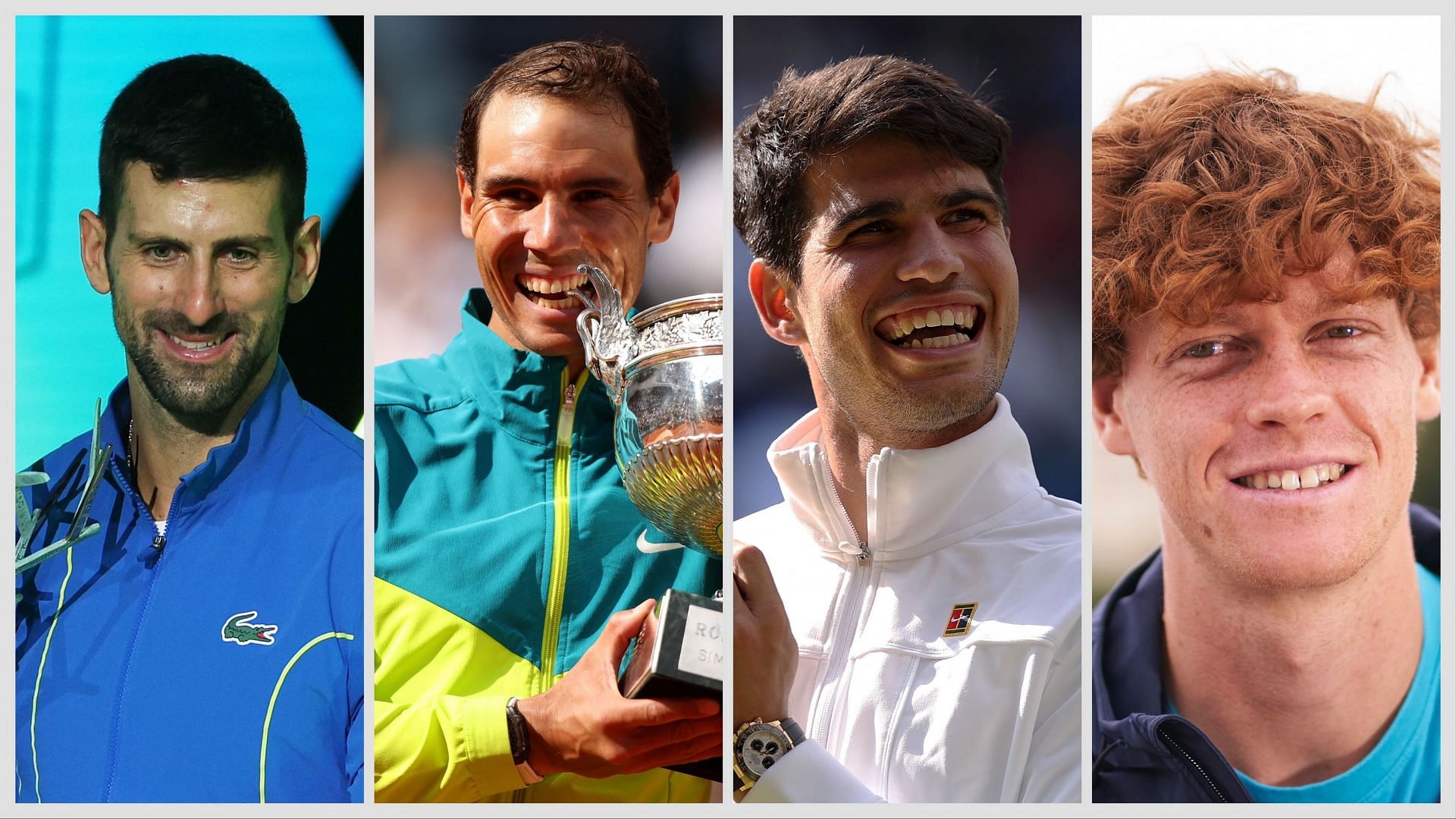 Novak Djokovic(left) Rafael Nadal(center-left) Carlos Alcaraz(center-right) and Jannik Sinner(right). Images:Getty