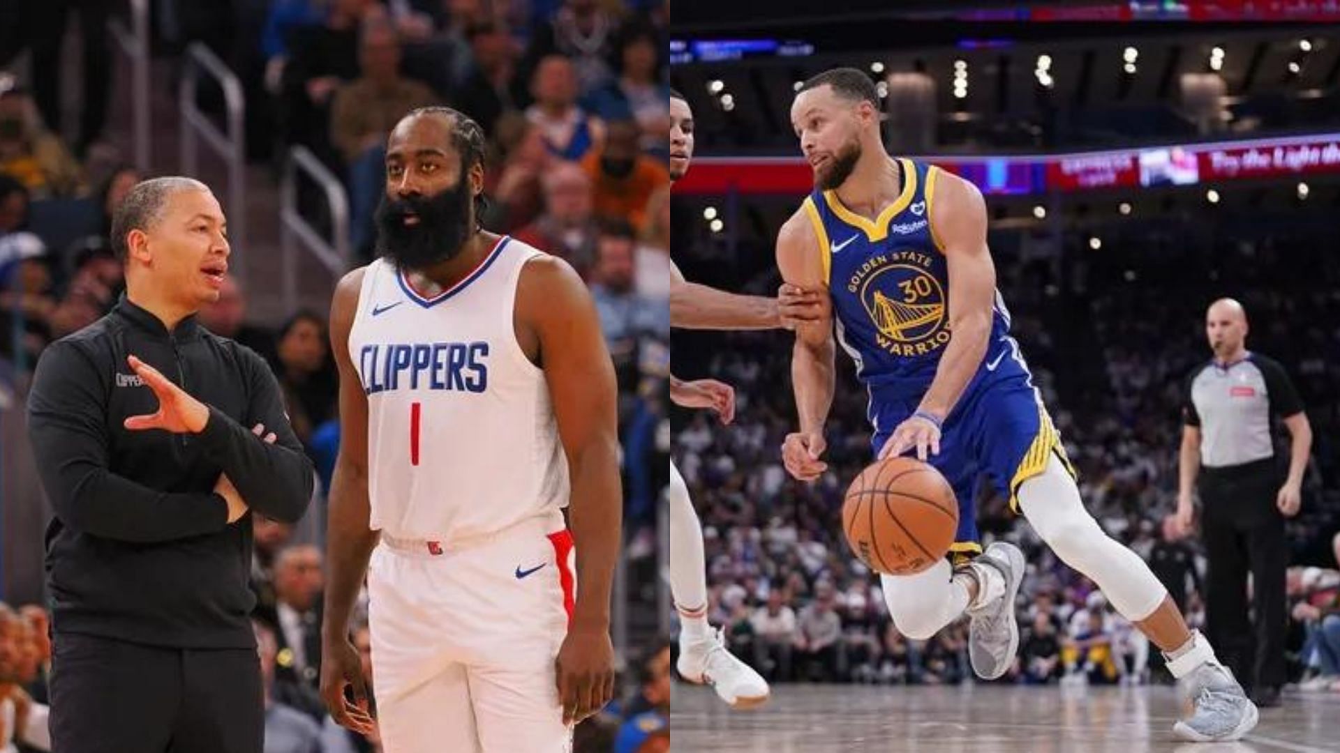 Tyronn Lue and James Harden of the Los Angeles Clippers and Steph Curry of the Golden State Warriors. Photo Credits: Imagn