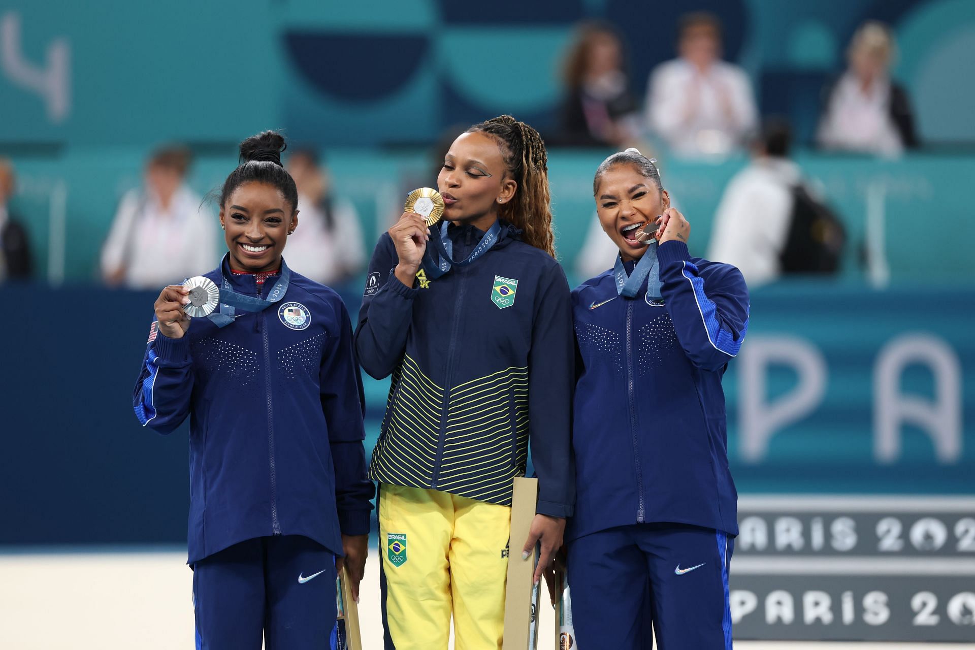 Simone Biles with Rebeca Andrade and Jordan Chiles at the victory ceremony for women&#039;s floor exercise finals at the Paris Olympics [Image Source : Getty]