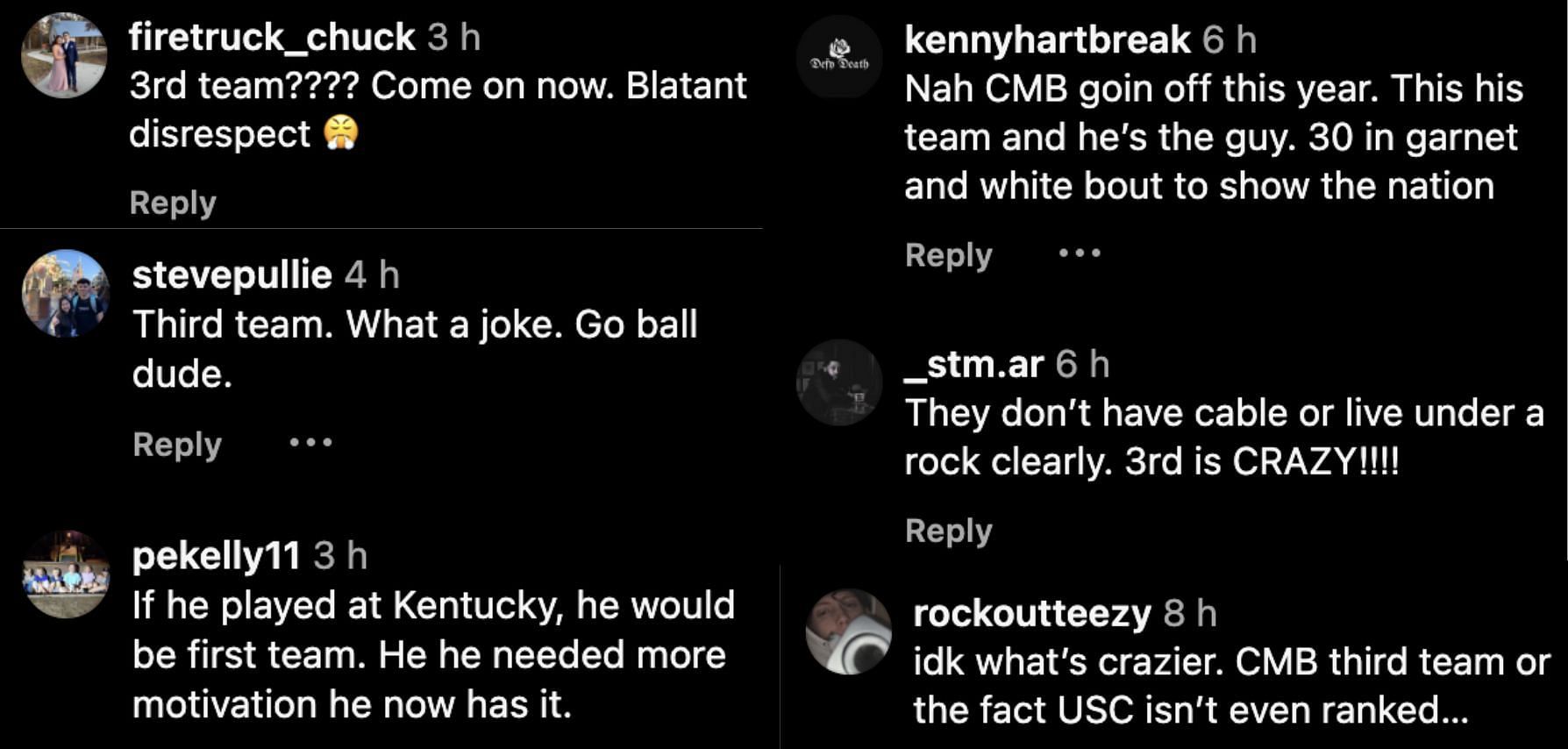 Fan reactions to Boyles&#039; selection (Credit: Instagram/@gamecockmbb)