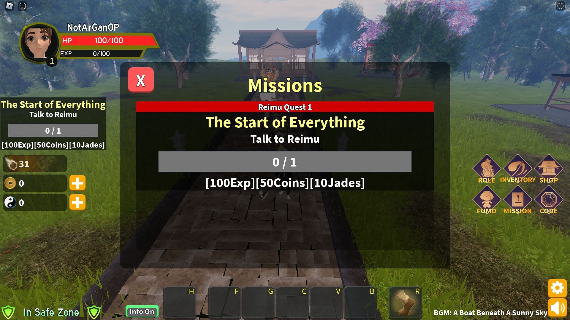 The missions screen in Gensokyo Densetsu (Image via Roblox)