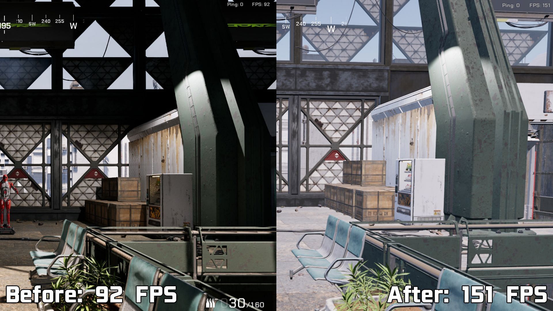 Before and after implementing the Config file tweaks in Off The Grid (Images via Gunzilla Games)