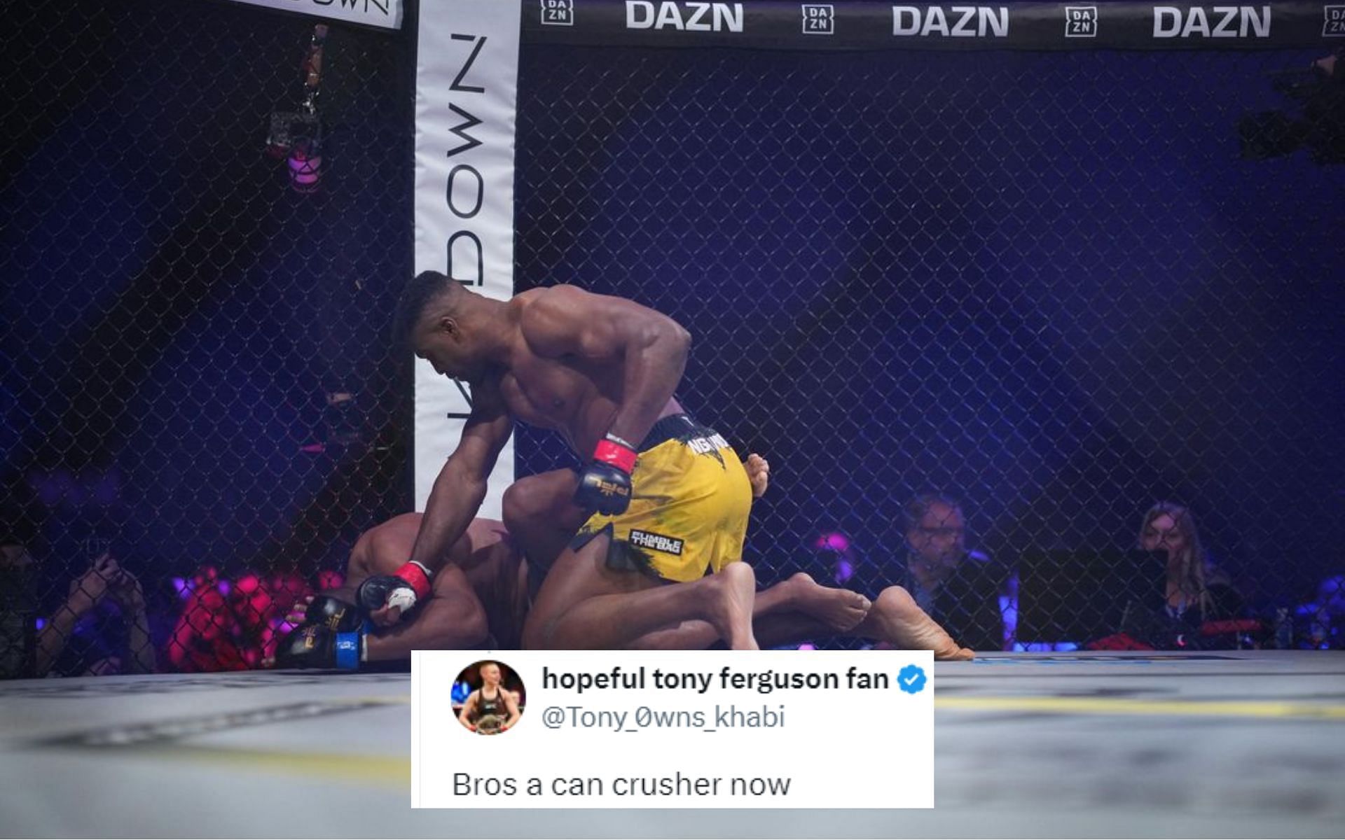 Fans react to Francis Ngannou (top) knocking out Renan Ferreira (bottom).[Image courtesy: @pflsaudiarabia on Instagram]