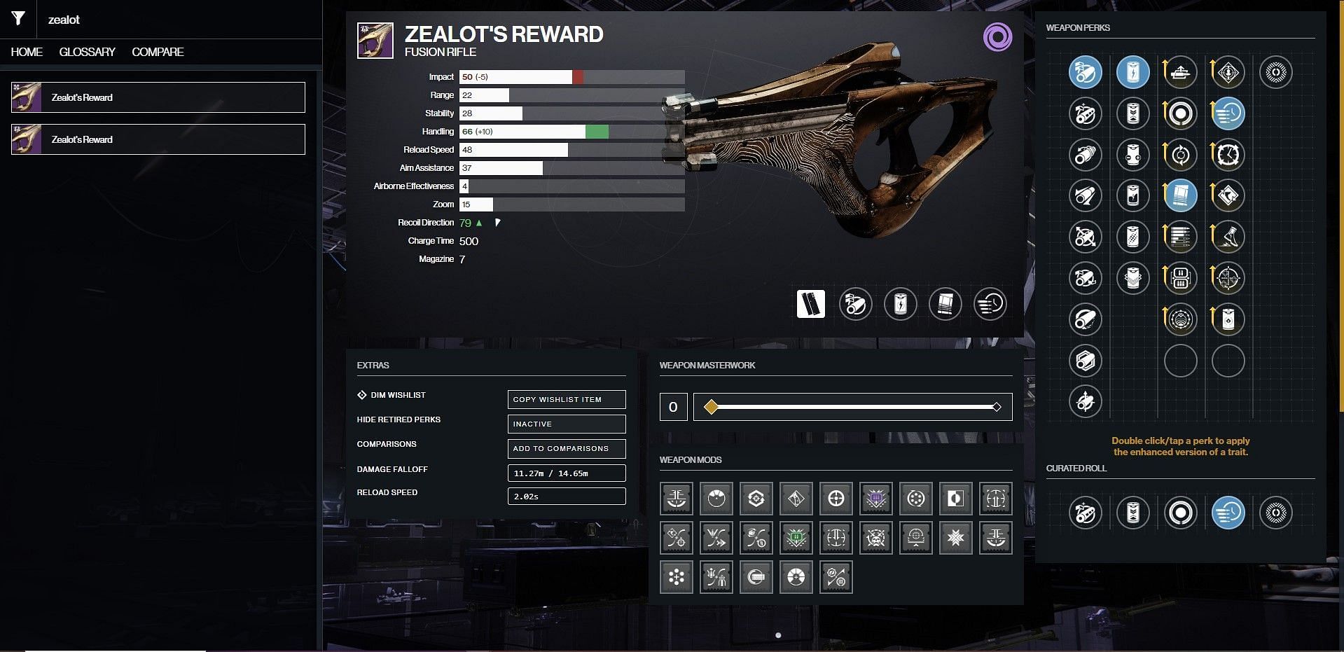 Zealot&#039;s Reward PvP god roll (Image via D2Gunsmith/Bungie)