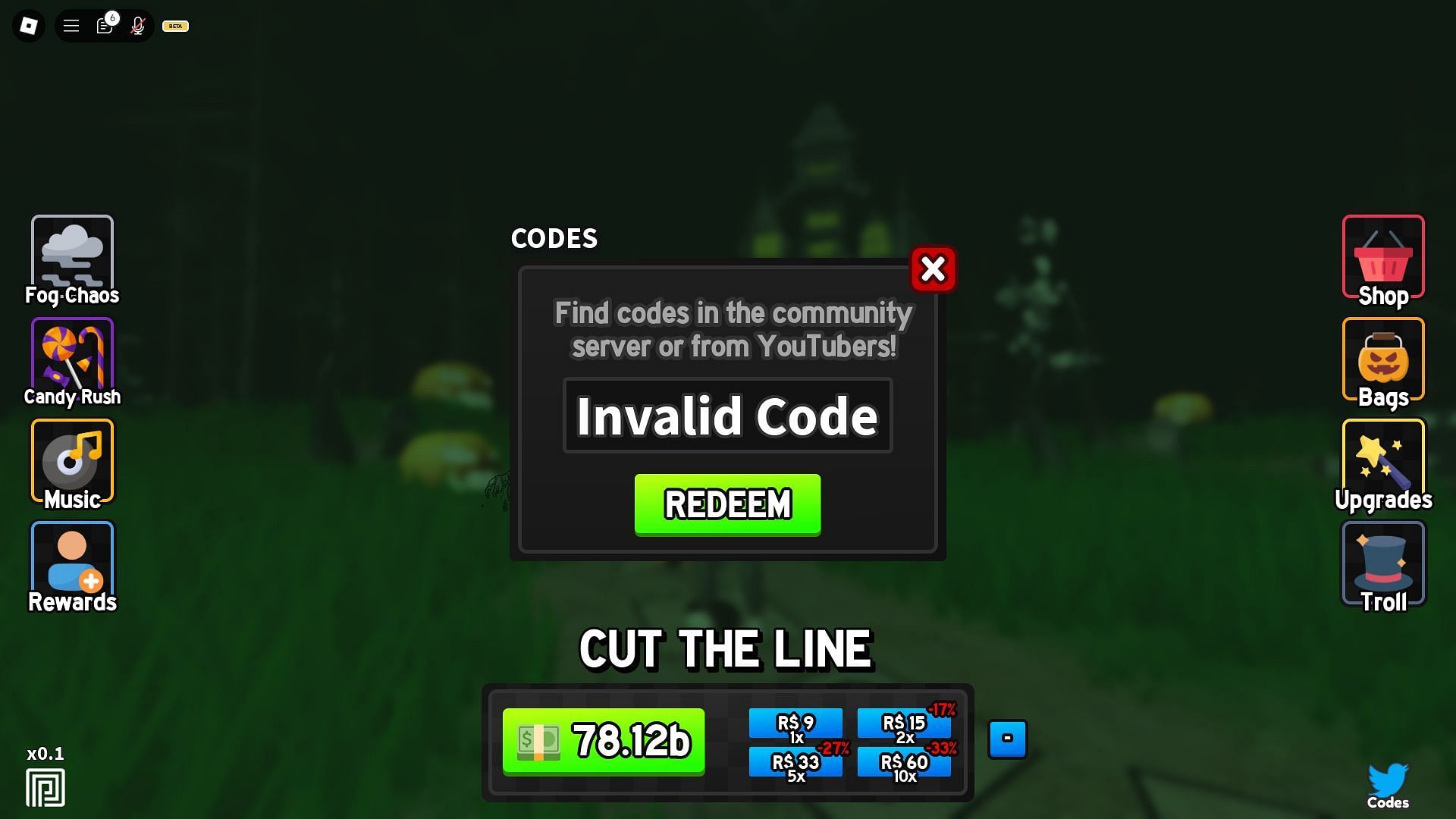 Troubleshoot codes in Trick or Treat (Image via Roblox)