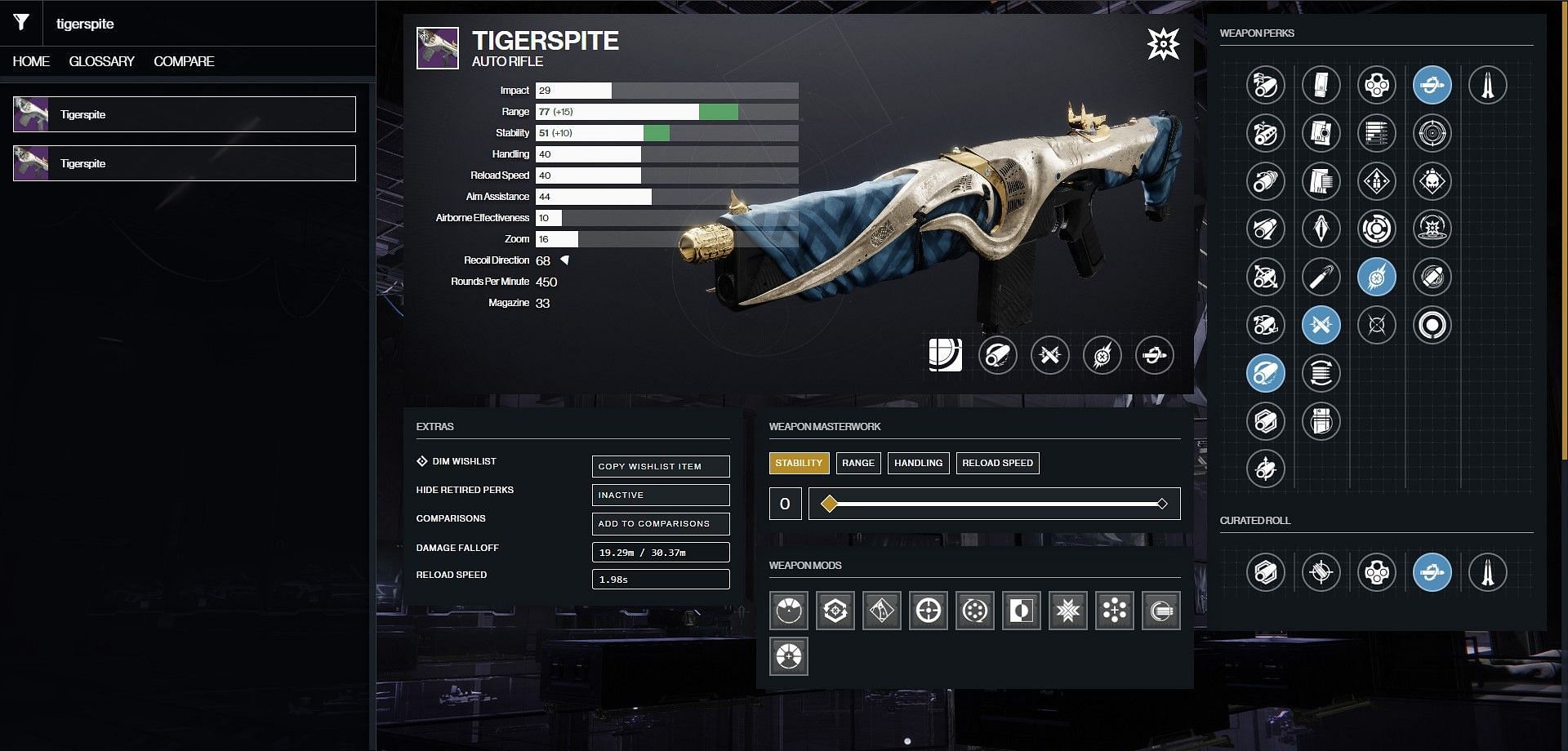 Tigerspite PvP god roll (Image via Bungie/D2Gunsmith)