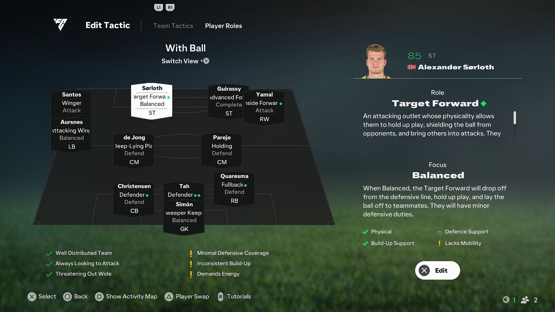 The team's shape in the 424 formation with possession (Image via EA Sports)