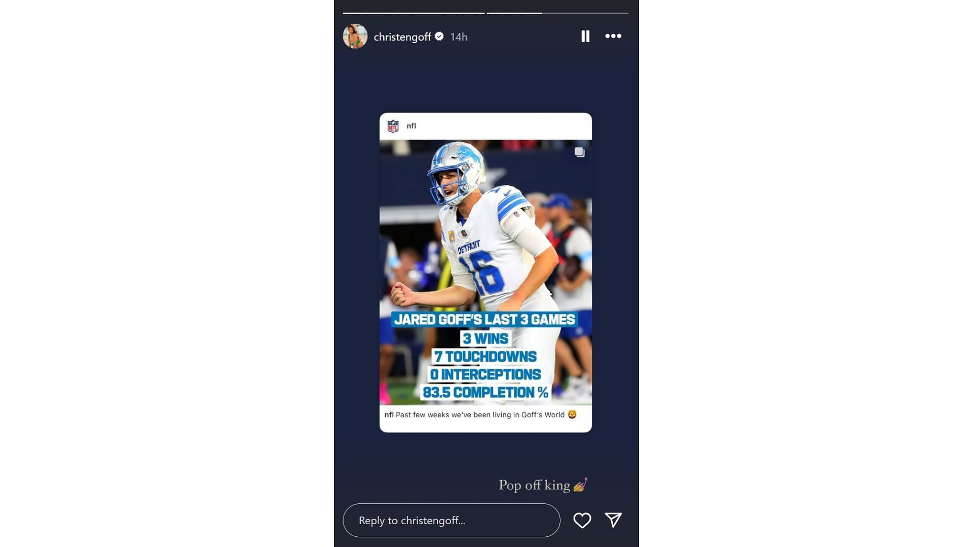 Jared Goff&#039;s wife Christen Harper reacts to Detroit Lions QB&#039;s game on Instagram (Image credit: @christenharper IG)