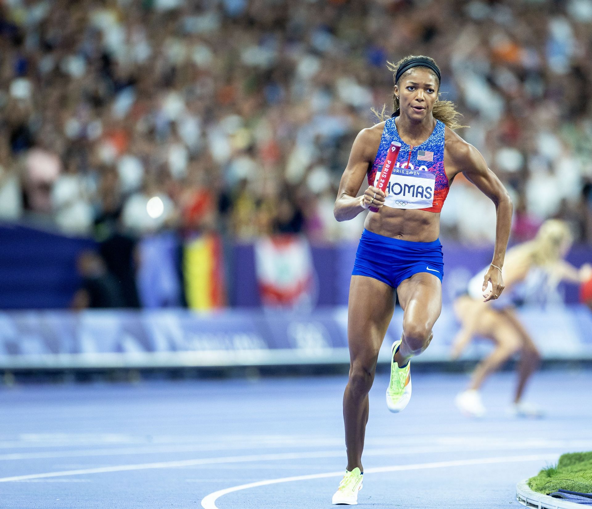 Gabby Thomas running the 4x100m relay at the Olympic Games-Paris 2024 - Source: Getty