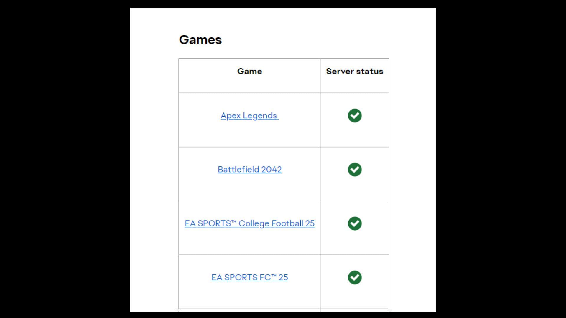 EA games server status page (Image via help.ea.com)