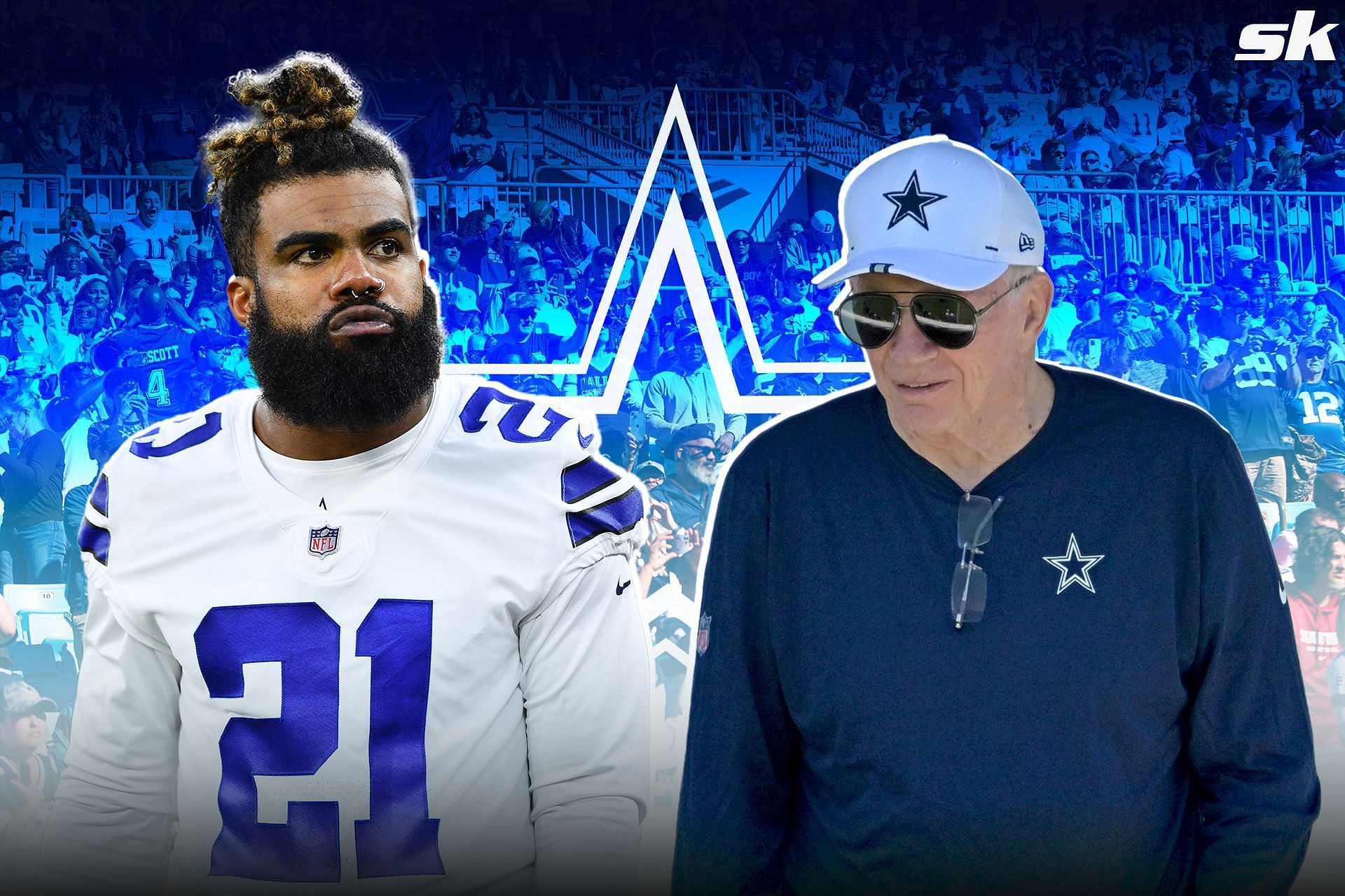 Ezekiel Elliott, left, Jerry Jones, right 