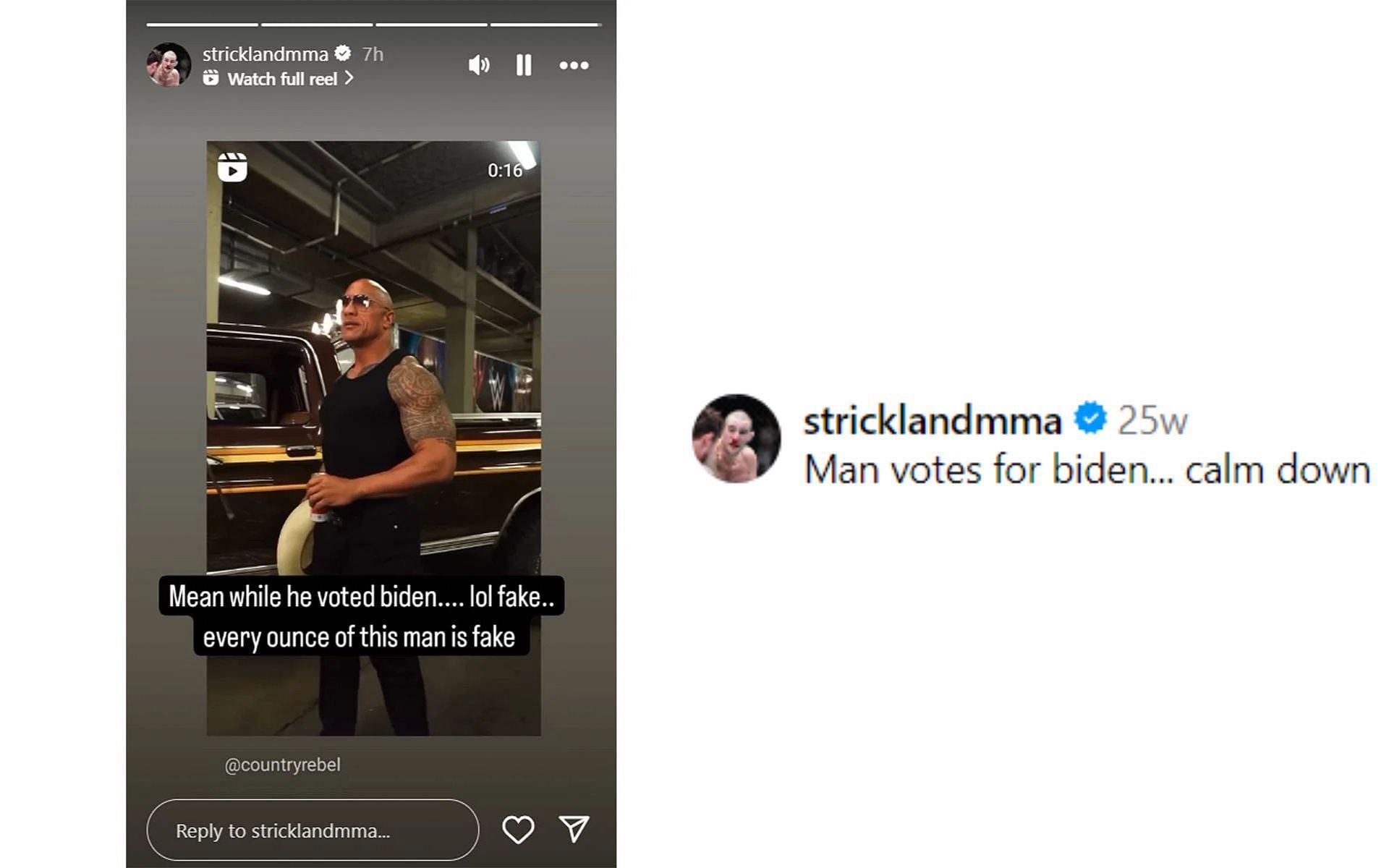 Sean Strickland's Instagram story (left) and comment on @countryrebel post (right)