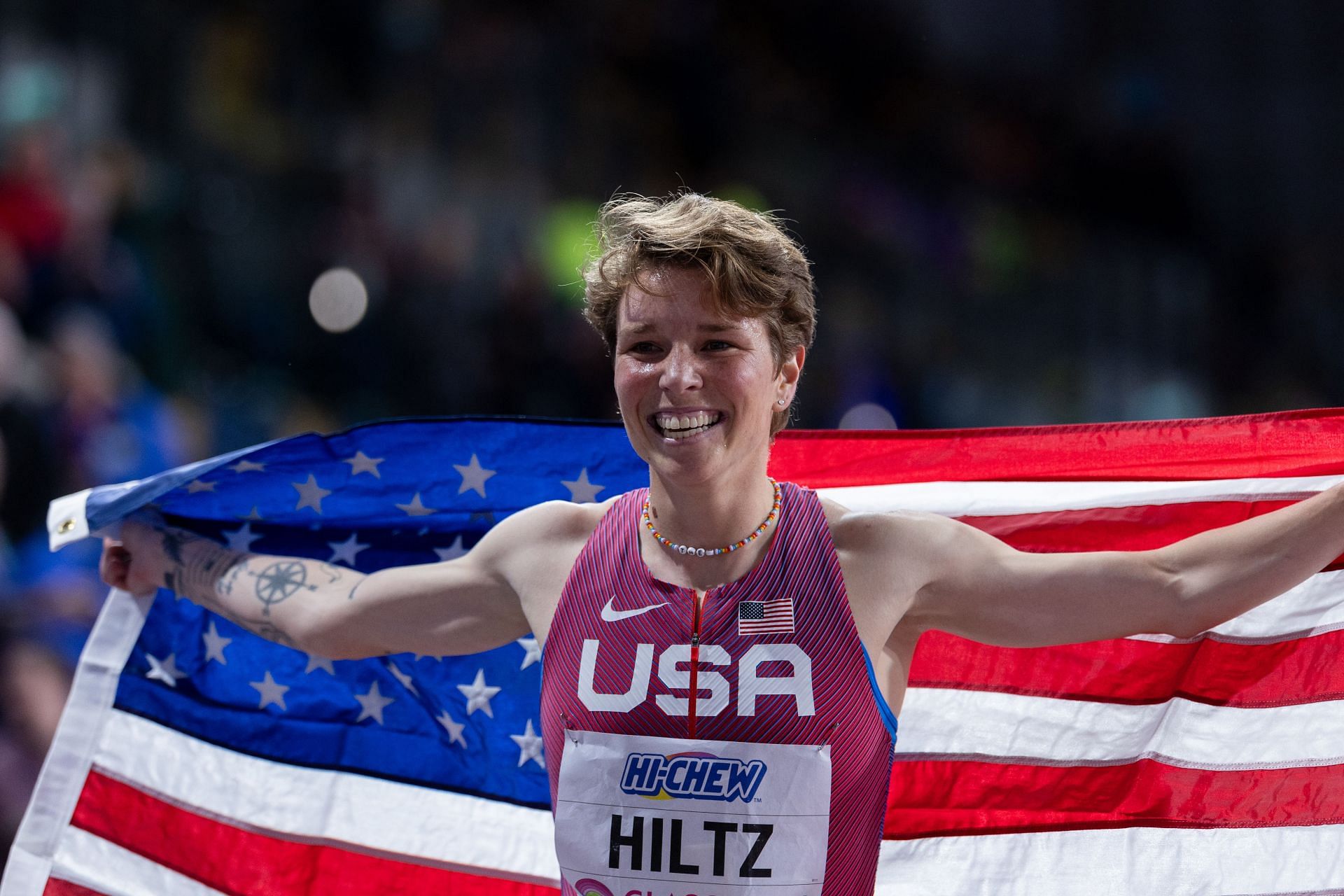 Nikki Hiltz after winning silver in the 1500m finals at the World Athletics Indoor Championships Glasgow 2024; (Source: Getty)