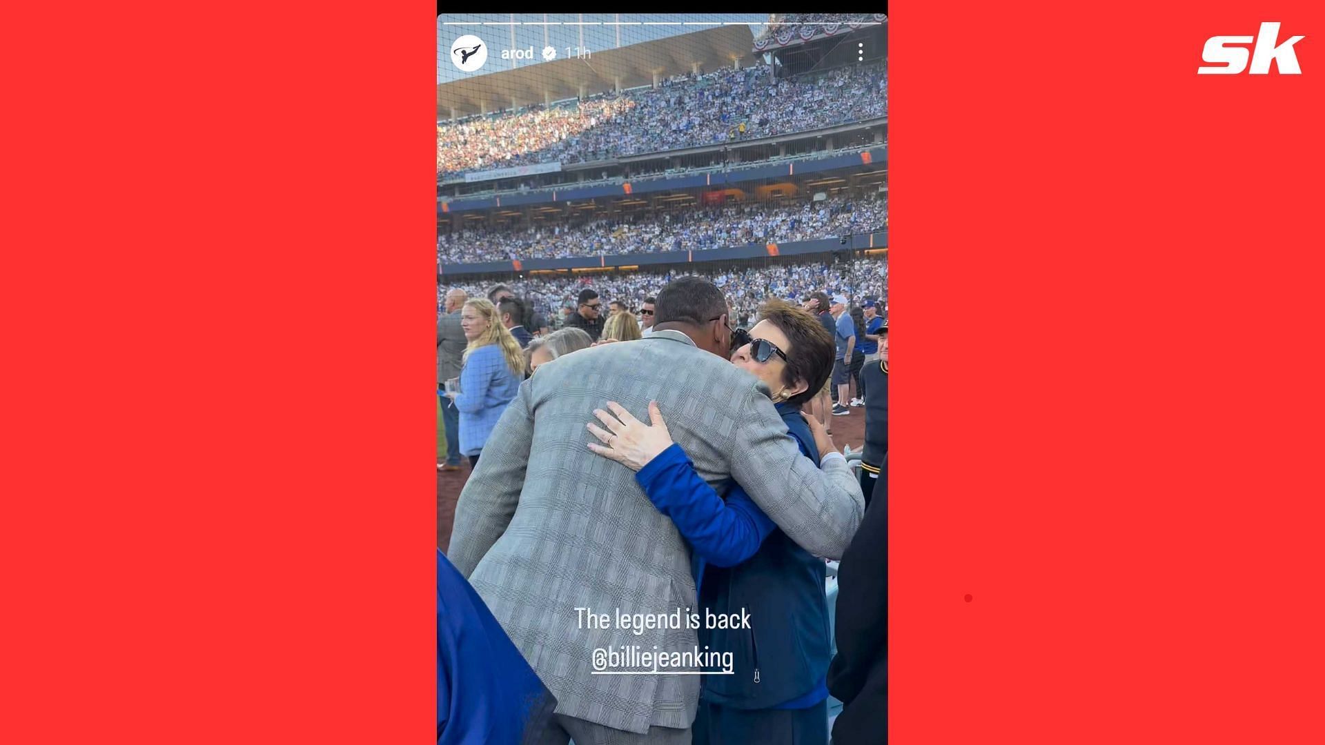 Alex Rodriguez embracing Billie Jean King ahead of Game 1 of the World Series