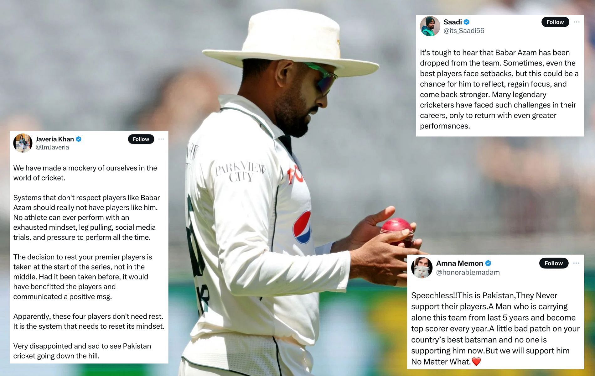 Babar Azam has been going through a tough phase in Test cricket. (Pic: Getty/X/@its_Saadi56/@ImJaveria/@honorablemadam)