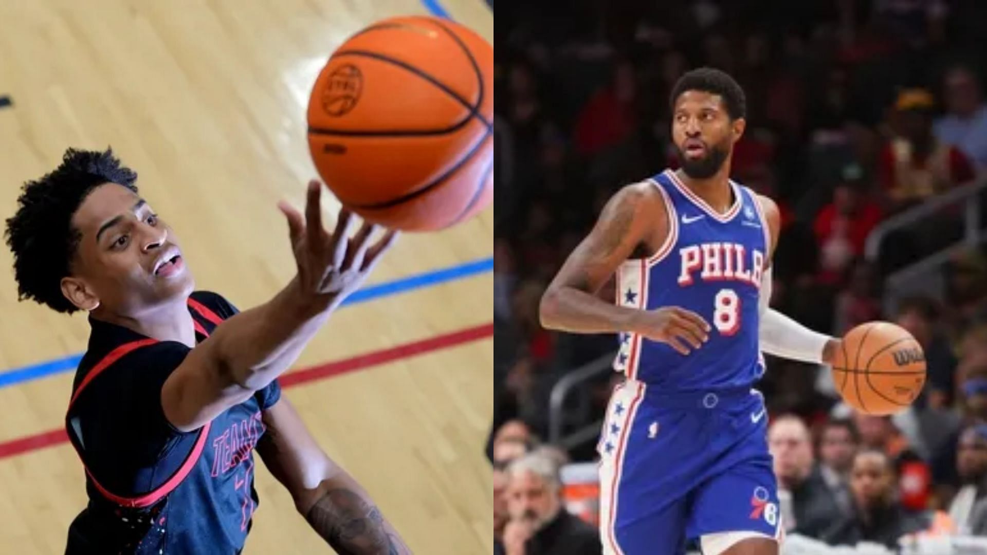 High school prospect Kiyan Anthony (left) and Philadelphia 76ers guard/forward Paul George (right). (Image Source IMAGN)