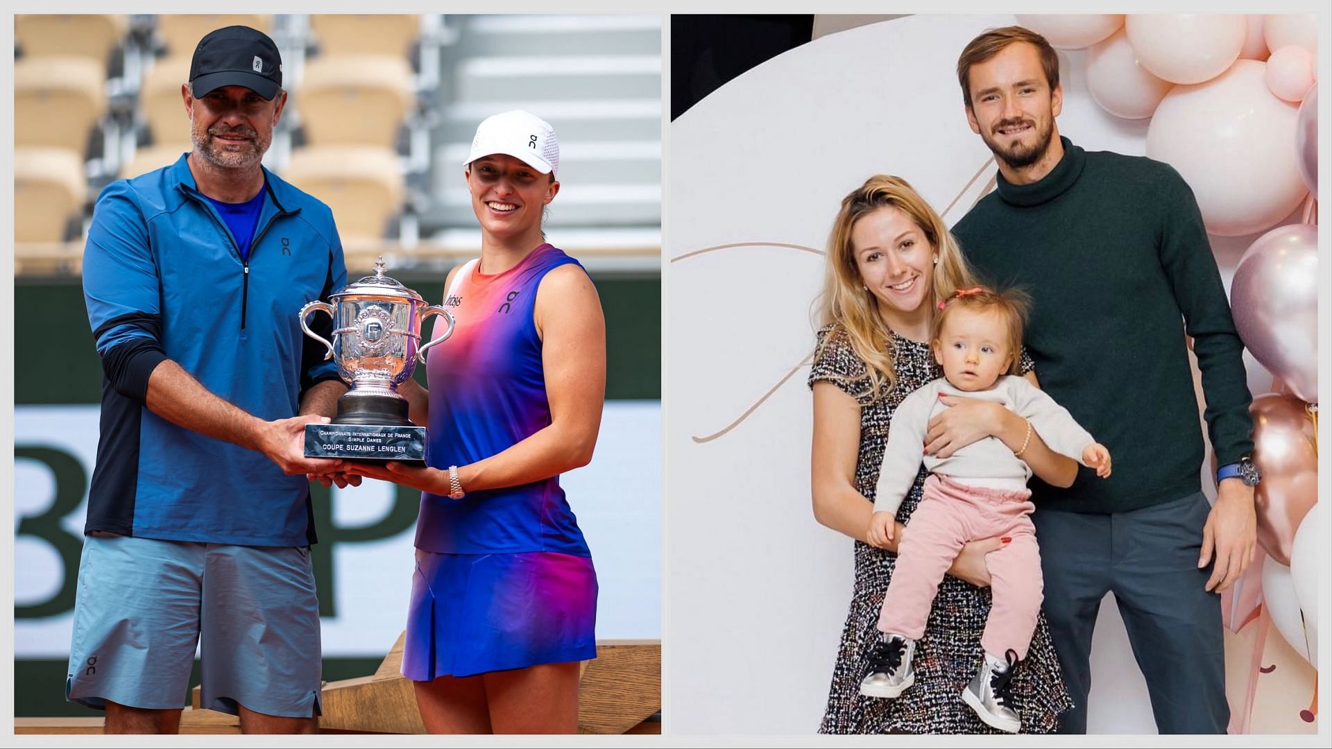 Iga Swiatek and ex-coach Tomasz Wiktorowski (L) Daniil Medvedev, wife Daria and baby daughter Alisa (R) - Image Source: Getty, Instagram @medwed33