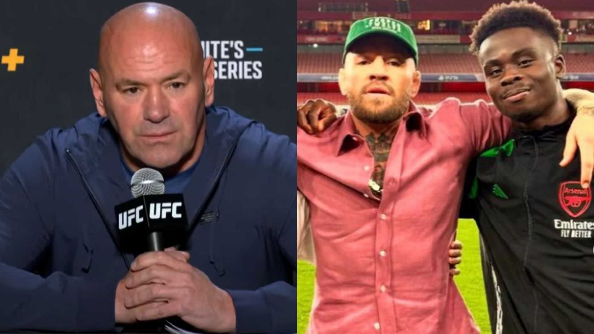 Dana White (left), Conor McGregor &amp; Bukayo Saka (right) [Images courtesy of UFC on YouTube &amp; @thenotoriousmma on Instagram]