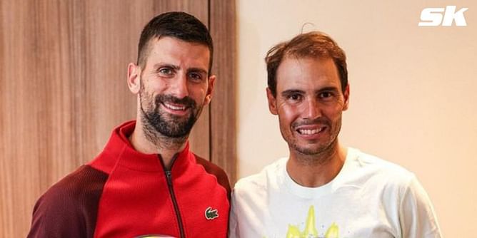 PICTURE: Novak Djokovic and Rafael Nadal all smiles as they pose with their respective teams after Six Kings Slam clash