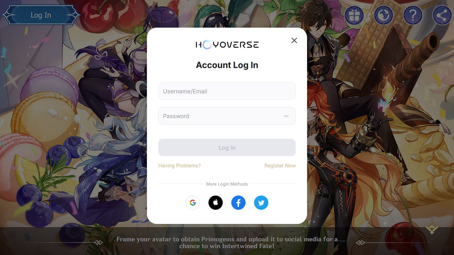 Log in to the web event using your HoYoverse account (Image via HoYoverse)