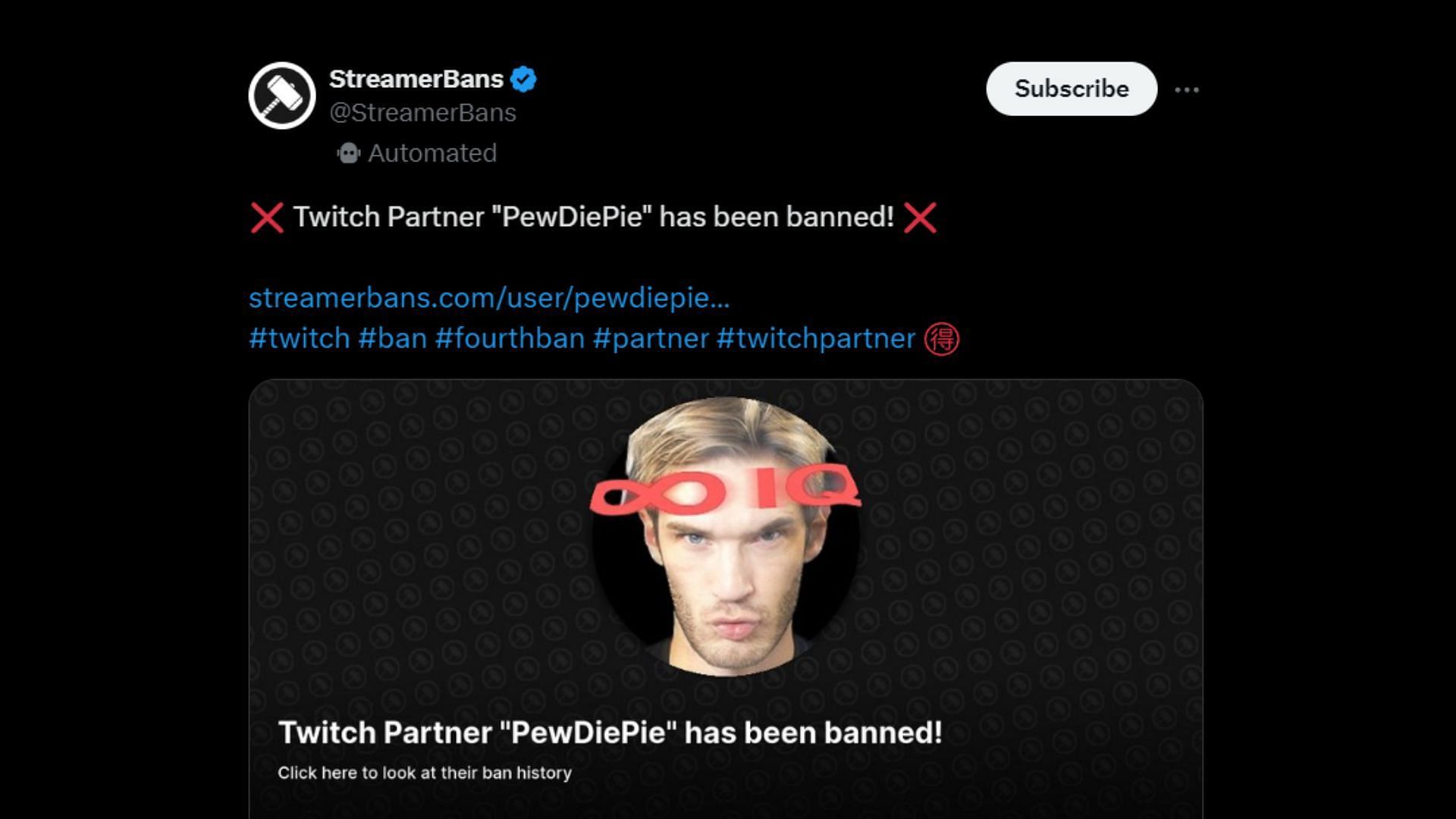 PewDiePie&#039;s stream was taken down 16 hours after it started (Image via @StreamerBans/X)