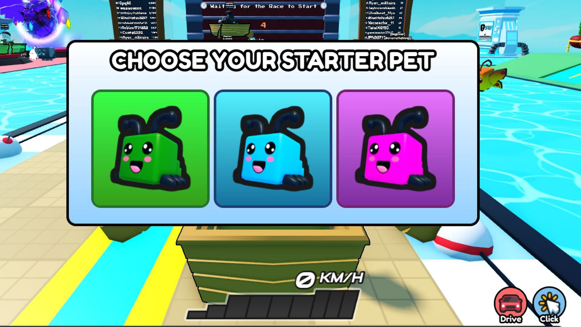 Choose your starter pet in Boat Race Clicker (Image via Roblox)