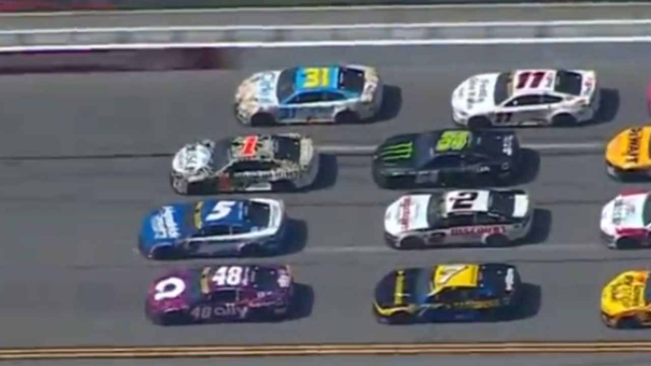 Drivers racing in a 4-way formation at Talladega. Credit: x.com/NASCAR