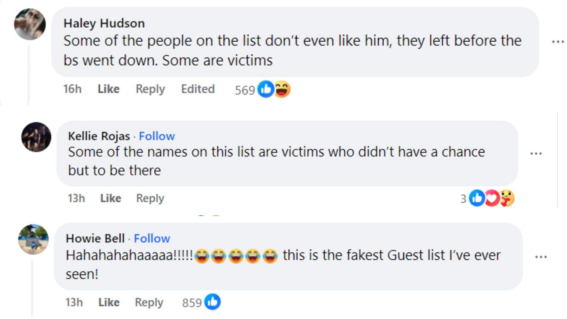 Netizens pointing out how some of the names on the alleged guest list were victims too. (Image via Facebook)