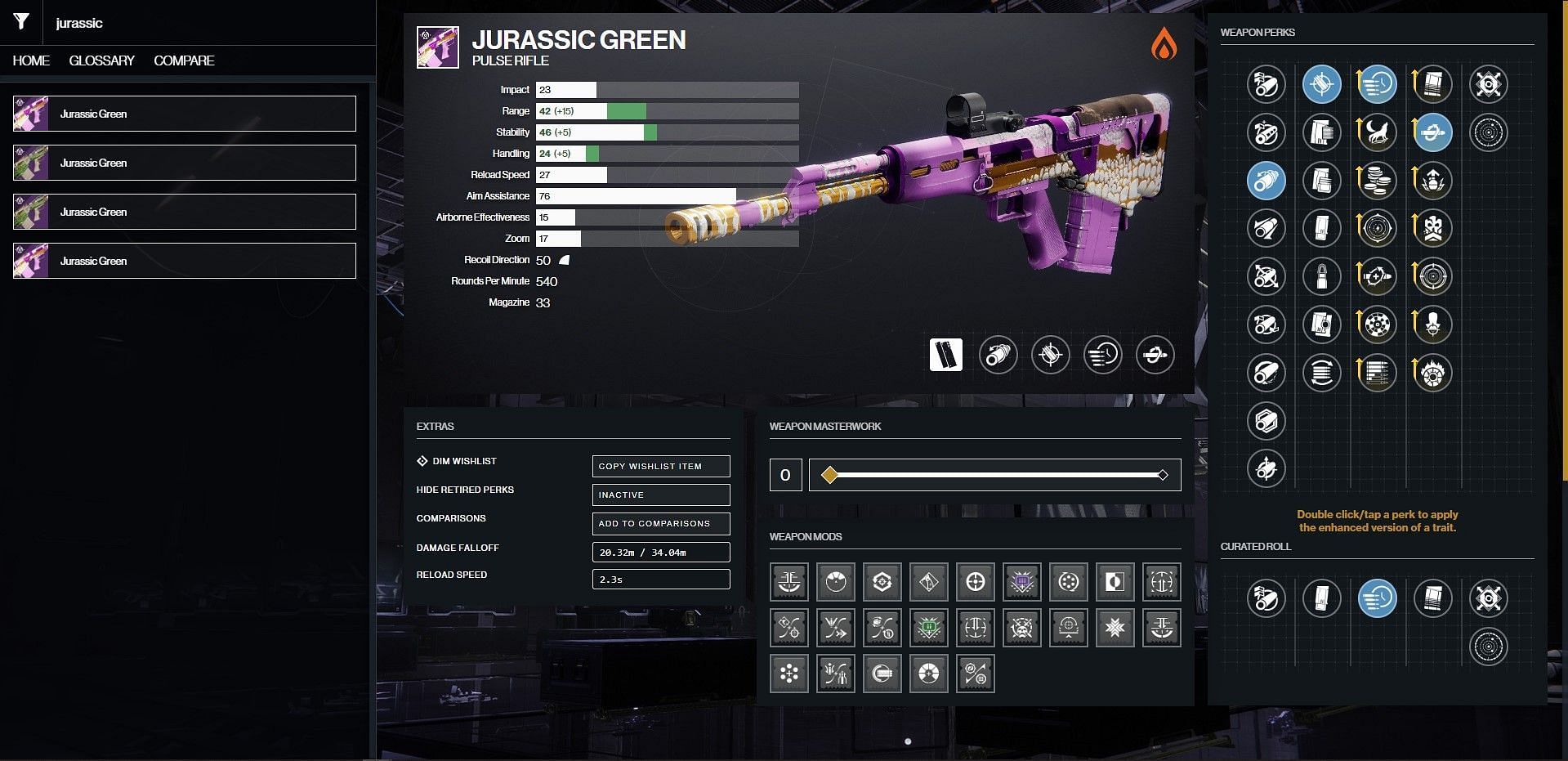 Jurassic Green PvP god roll (Image via Bungie/D2Gunsmith)