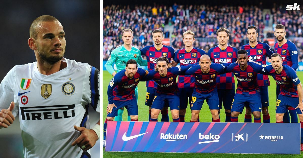 Wesley Sneijder (left) and Barcelona team (right) (both images via Getty)