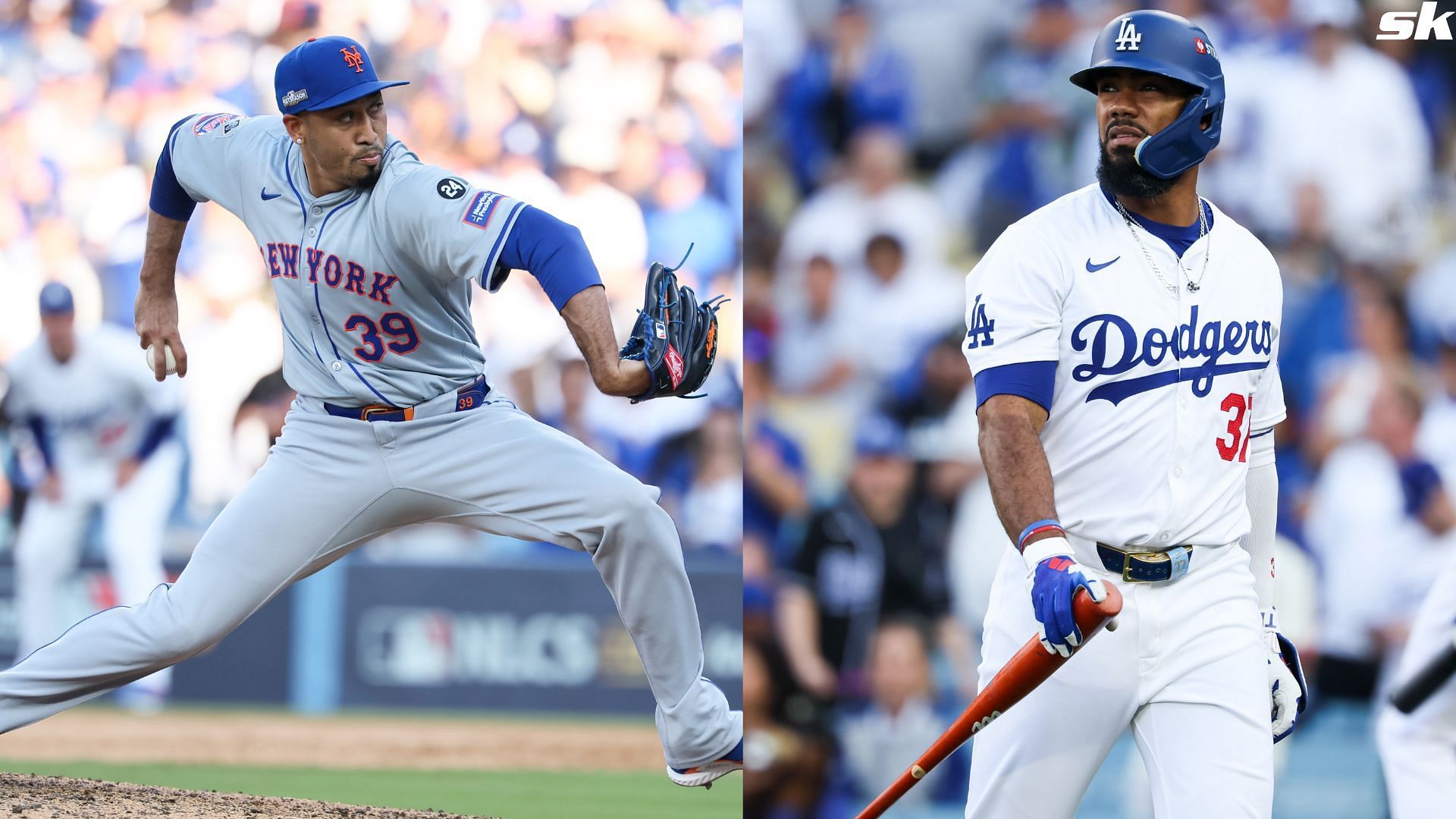 Edwin D&iacute;az of the New York Mets delivers a pitch during the ninth inning in Game 2 of the NLCS against the Los Angeles Dodgers at Dodger Stadium (Source: Getty)