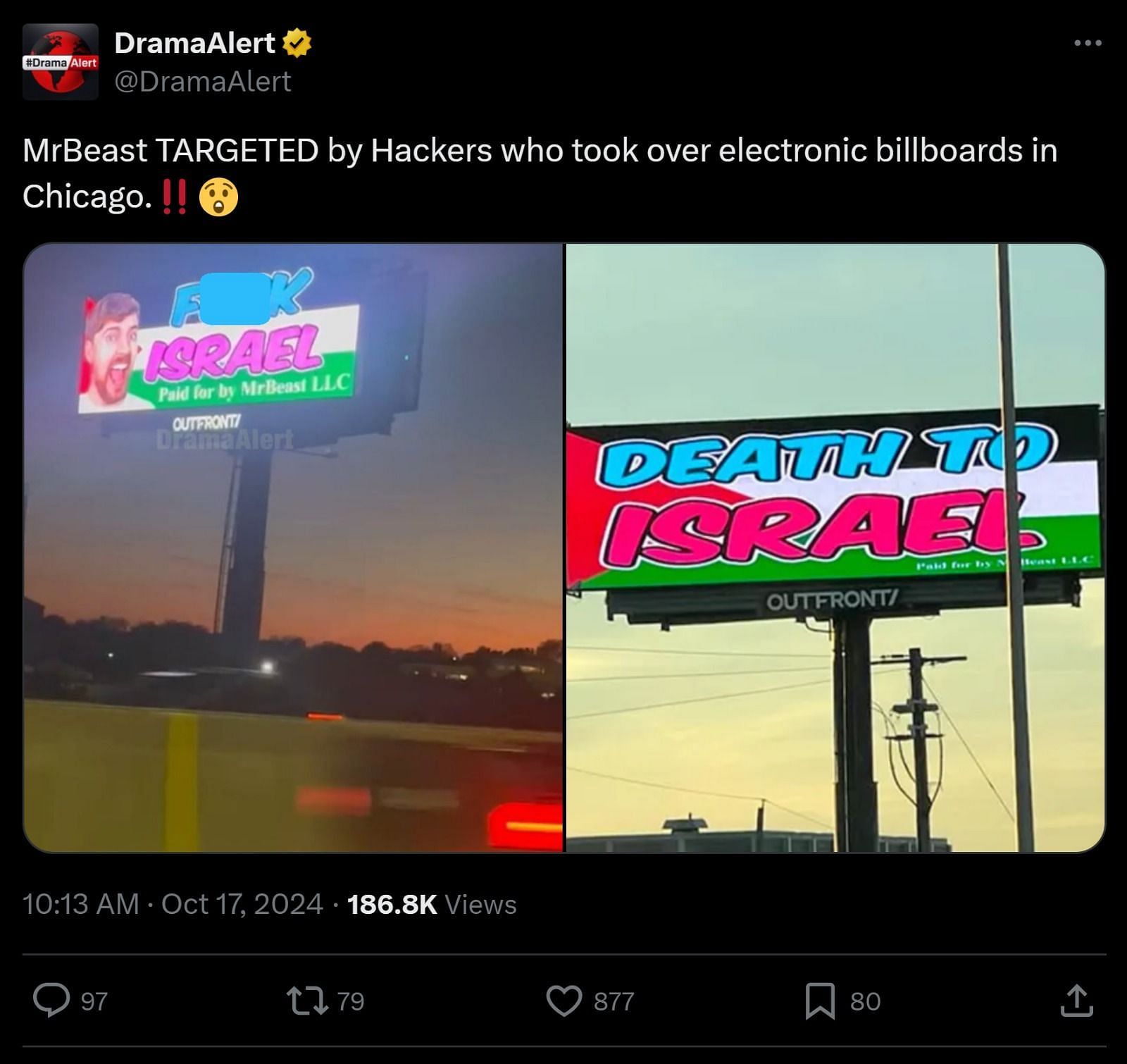 Drama Alert&#039;s post, showcasing the alleged hacked billboards in Chicago (Image via @DramaAlert/X)