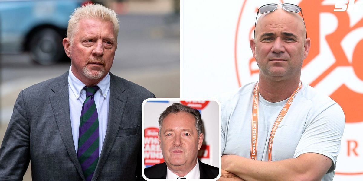 Boris Becker (L), Piers Morgan (inset) and Andre Agassi (R) (Image Source: Getty)