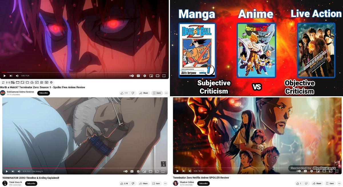 Examples of anime critique from different people (Image via Youtubers BobSamurai Anime Reviews, Young Shogun, Think Story, and Shadow Critias)