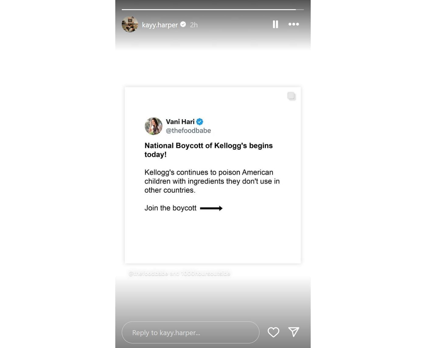 Kayla Harper shares petition to boycott Kellogg&#039;s (Image via Harper&#039;s IG)