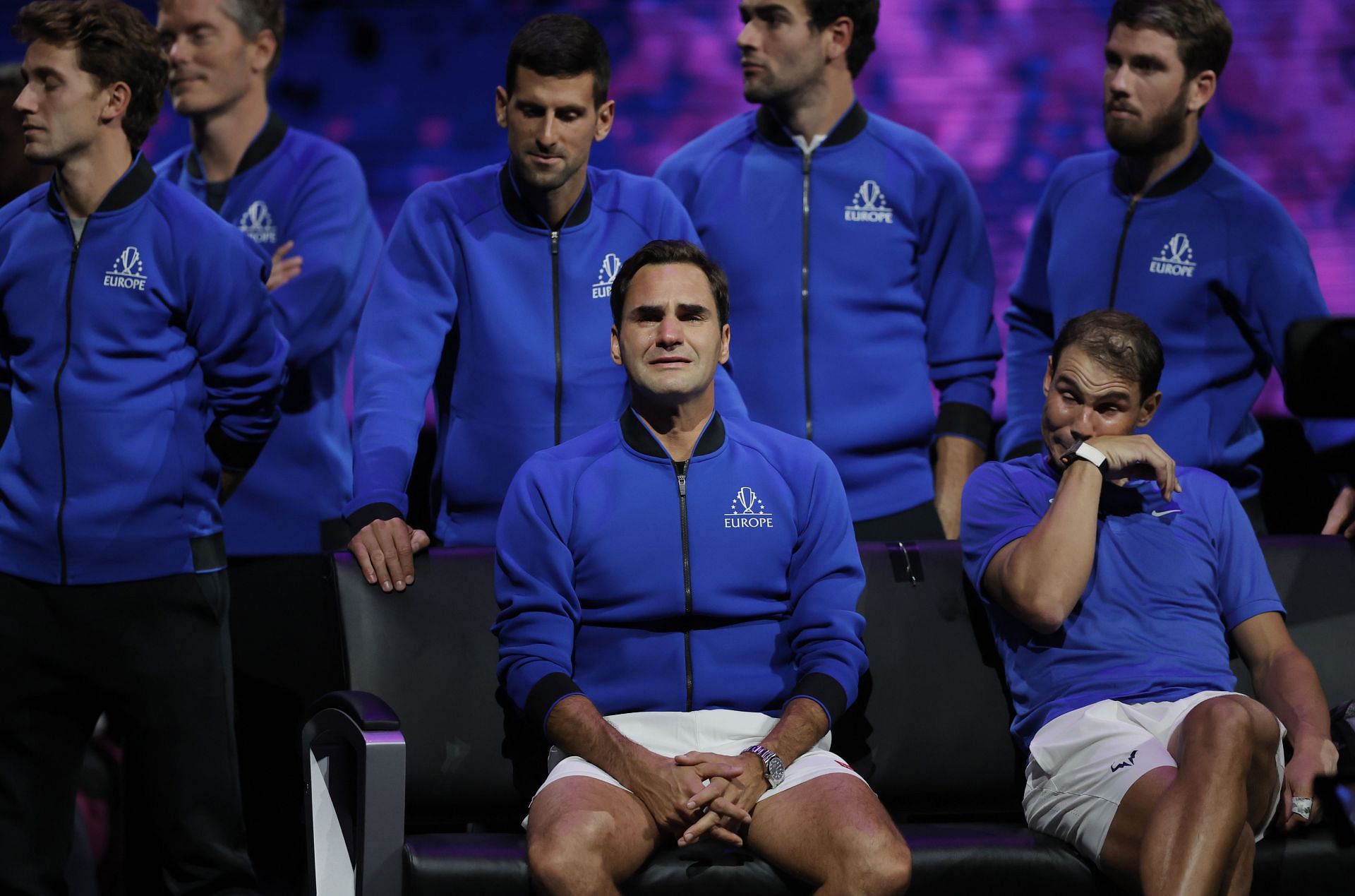 [Seated] Federer (L) and Nadal during the former&#039;s farewell at the 2022 Laver Cup (Image Source: Getty)