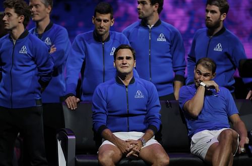 [Seated] Federer (L) and Nadal during the former's farewell at the 2022 Laver Cup (Image Source: Getty)