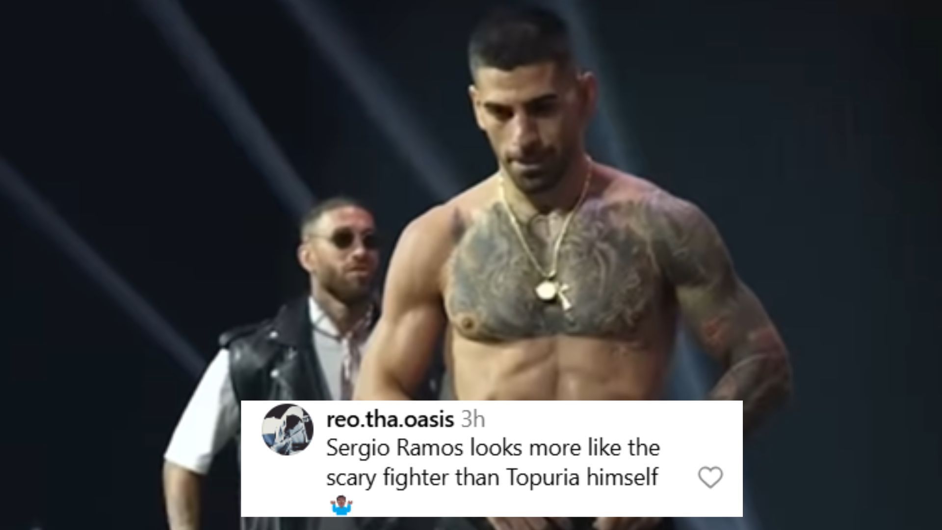 Fans react to soccer star Sergio Ramos appearing on stage with Ilia Topuria for UFC 308 face-offs. [Image Courtesy: @espnmma on Instagram]