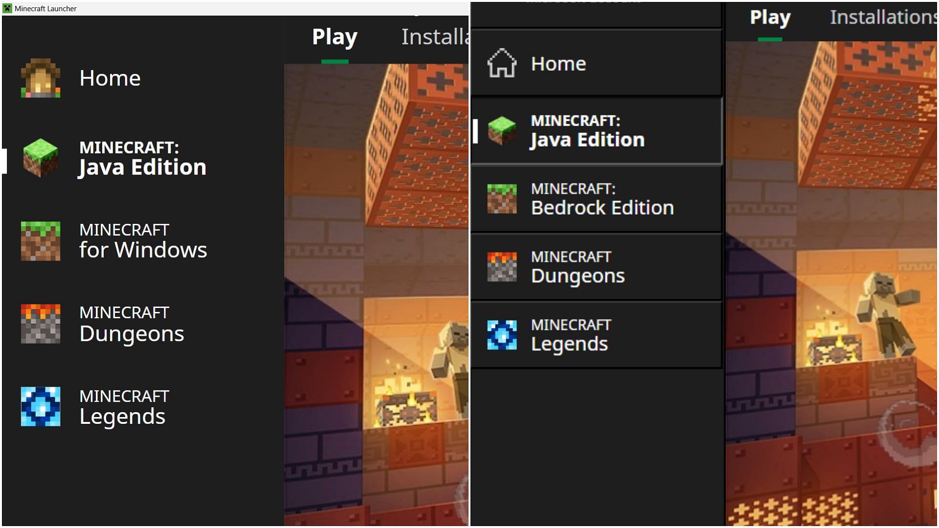 Launcher buttons on the left panel are more pronounced (Image via Mojang Studios)