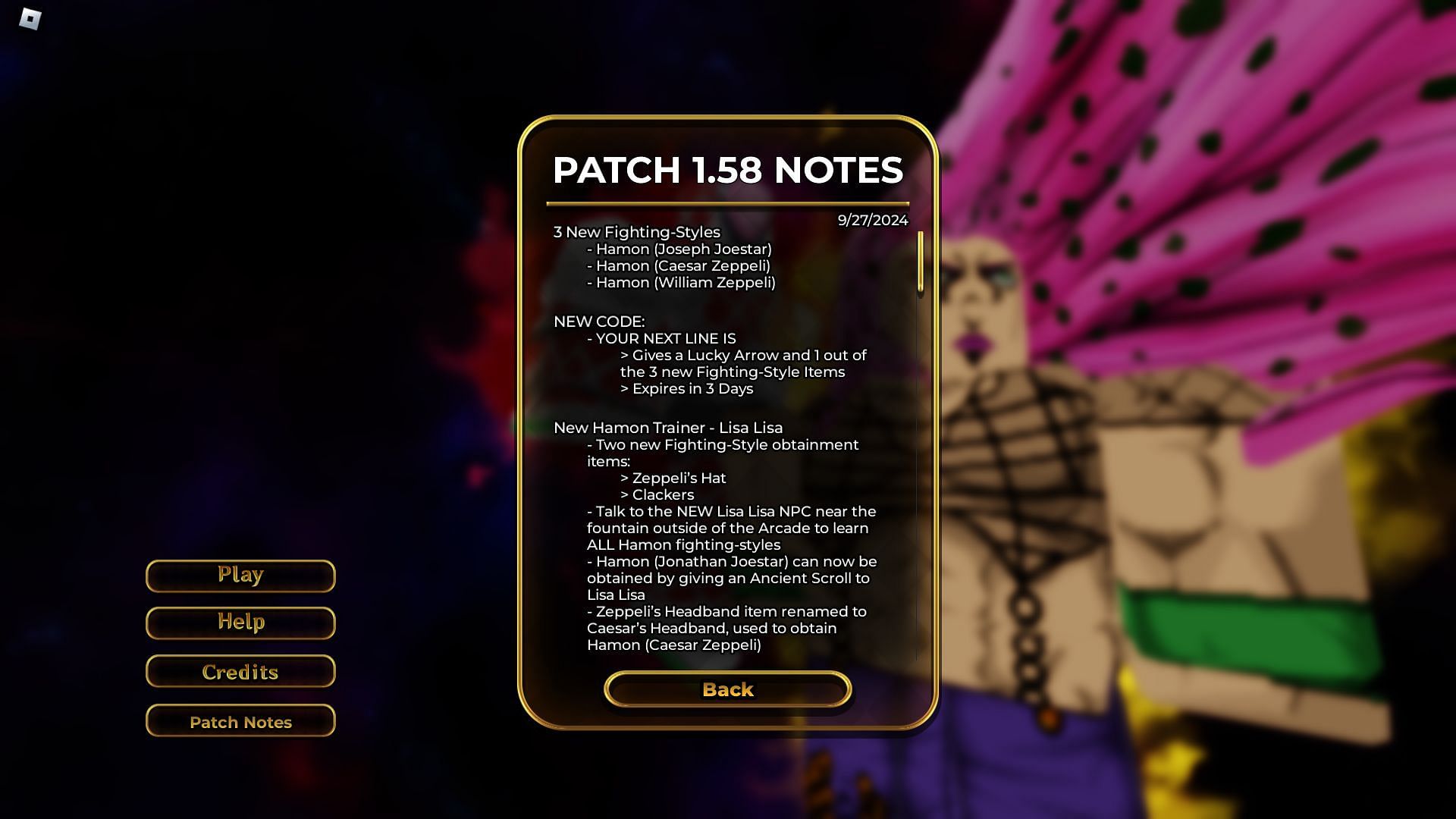 In-game patch notes (Image via Roblox)