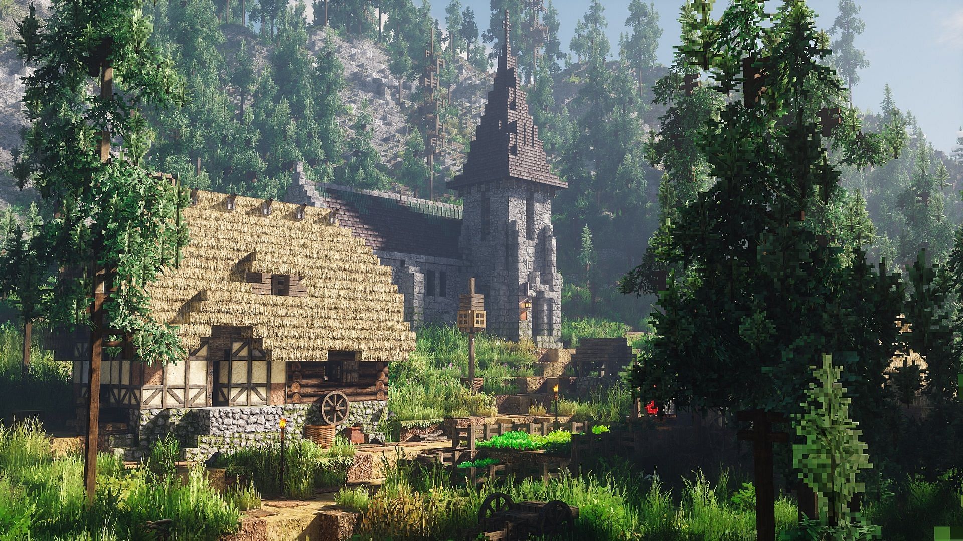 A village rendered in Minecraft using the Patrix resource pack (Image via Patrix1221/CurseForge)