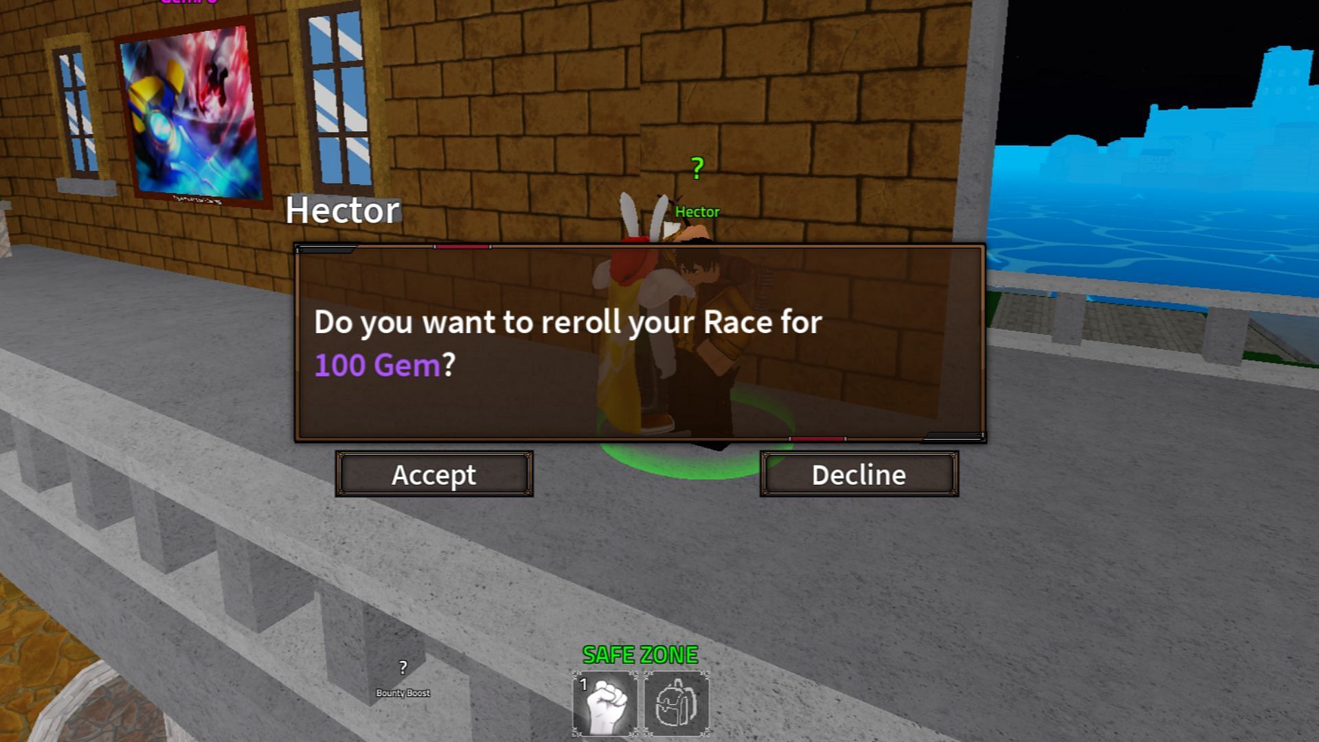 Speak to Hector to reroll your Race (Image via Roblox)