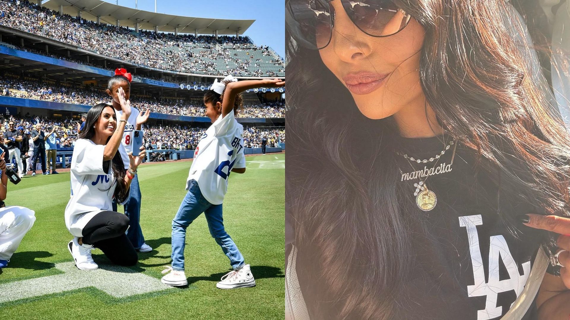 V. Bryant alongside her family at Dodger stadium, V. Bryant wearing a Dodgers t-shirt. Photo Credit: Vanessa Bryant&#039;s IG account