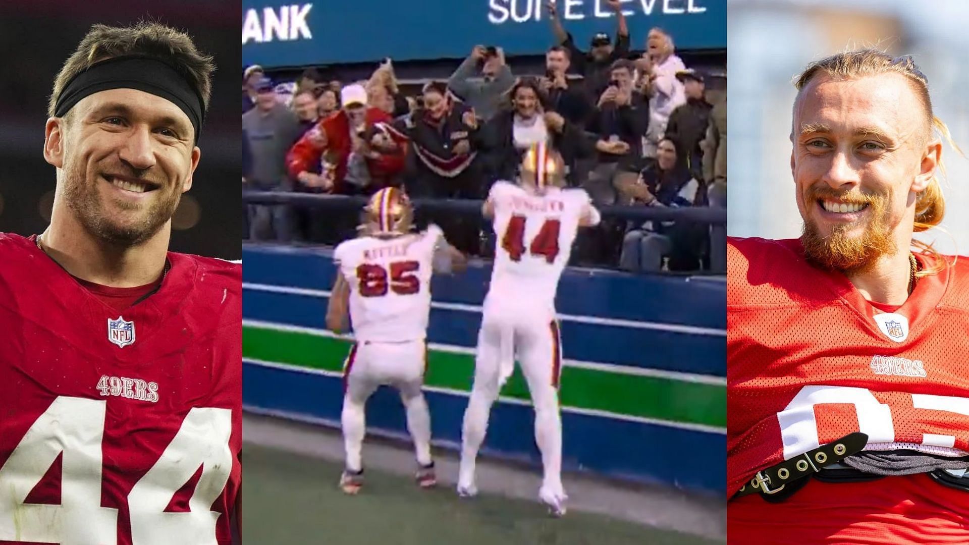 George Kittle and Kyle Juszczyk celebrate a touchdown with their respective wives Claire and Kristin